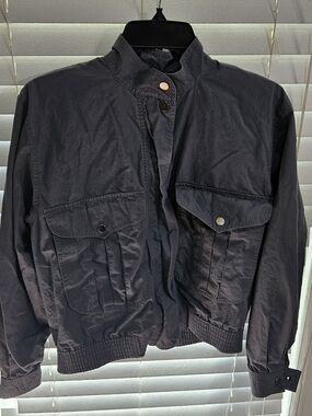 Liz Sport Vintage Utility Bomber Jacket Womens Small Gray Button Neck Full Zip